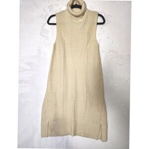 Sleeveless Turtleneck Sweater Dress Cream Knit Midi Side Slits - S